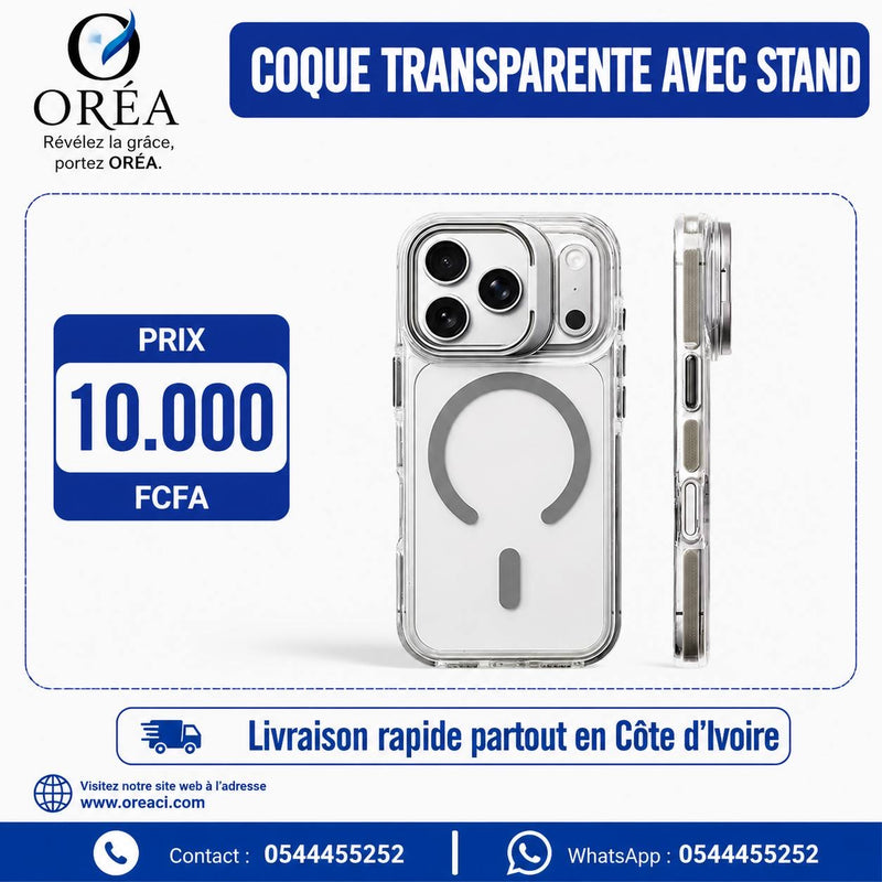 Coque Oréa transparente avec Stand iPhone 17 pro max-Gris