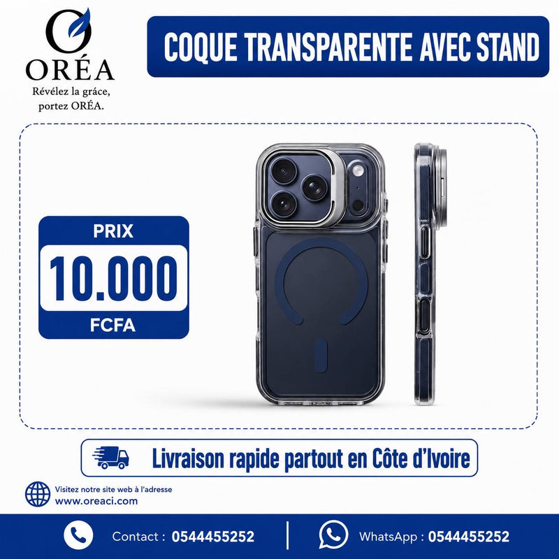 Coque Oréa transparente avec Stand iPhone 17 pro max -Bleu