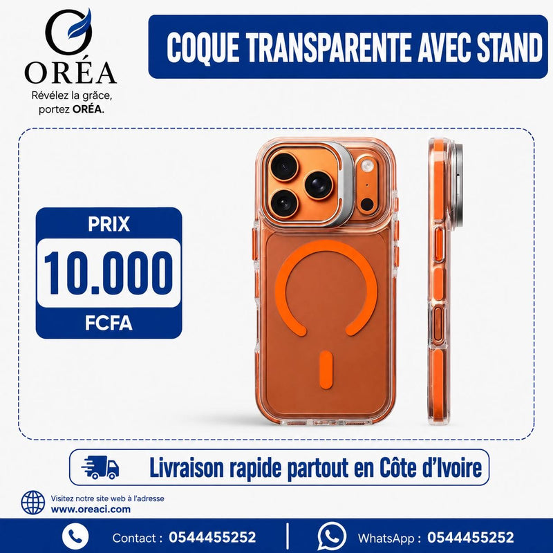 Coque Oréa transparente avec Stand iPhone 17 pro max -Orange